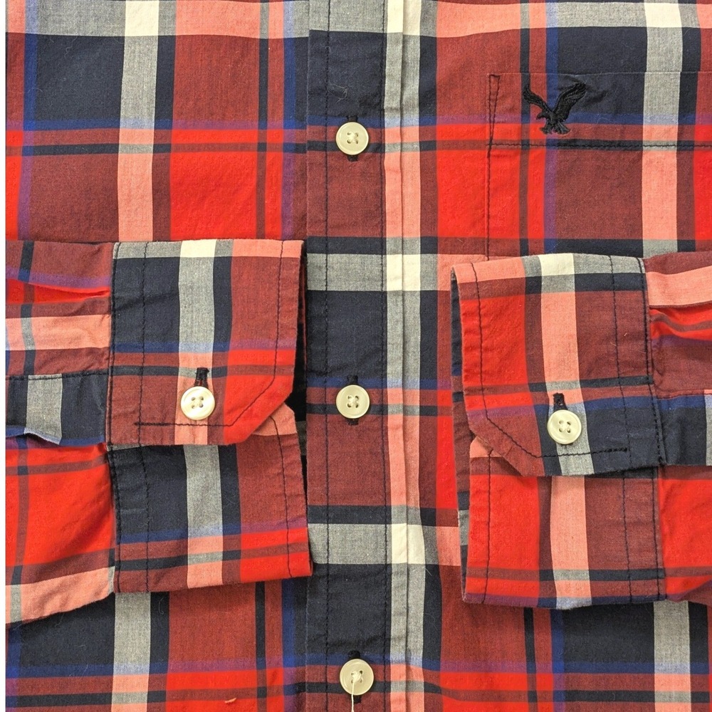 American Eagle Outfitters Mens Plaid Button‎ Down Shirt Classic Navy Red Large - Picture 2 of 7